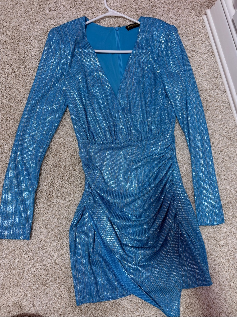 Ramy Brook Shimmering Aqua Blue Long-Sleeve Ruched V-Neck Dress